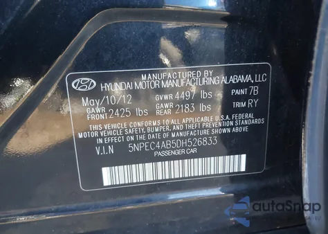 2013 Hyundai Sonata Se/Limited из США, поврежденный, VIN 5NPEC4AB5DH526833